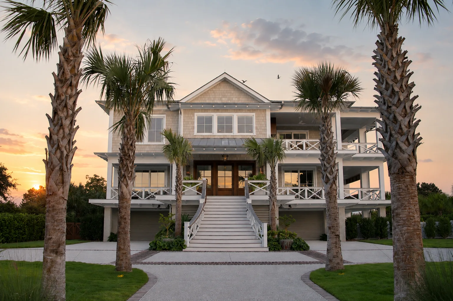 Large coastal residence photographed at sunset between palm trees